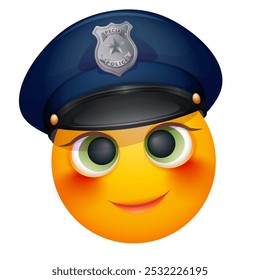 Emoji de mujer oficial de policía sobre fondo blanco. Emoticon con sombrero de policía y gafas de sol. Lindo emoticono.