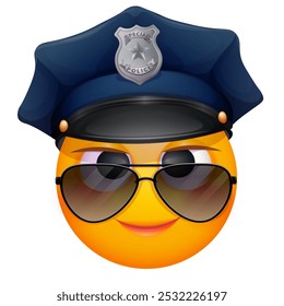 Emoji de mujer oficial de policía sobre fondo blanco. Emoticon con sombrero de policía y gafas de sol. Lindo emoticono.