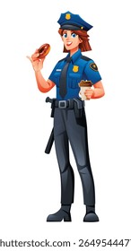 Female police officer enjoying donut and coffee with happy expression. Vector cartoon character illustration