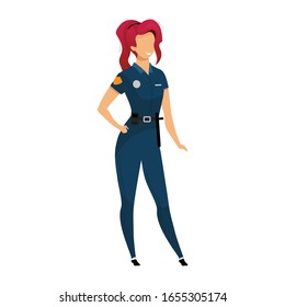 Female police officer flat color vector faceless character. Smiling policewoman in uniform isolated cartoon illustration for web graphic design and animation. Professional woman cop