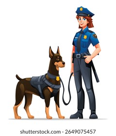 Female police officer and her Doberman K9 partner standing together, symbolizing their strong partnership. Vector cartoon illustration
