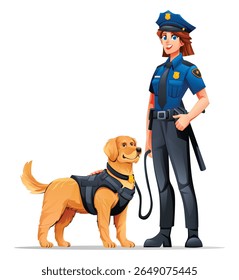 Female police officer with her Golden Retriever K9 partner, ready for public service. Vector cartoon illustration
