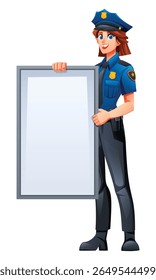 Female police officer holding a blank vertical white sign, ready for your custom message. Vector cartoon character illustration