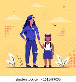 female police officer holding hand little african american girl policewoman in uniform with schoolgirl standing together security authority justice law service concept sketch full length