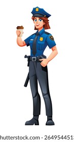 Female police officer holding a takeaway coffee cup, enjoying a break during her shift. Vector cartoon character illustration