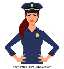 Female police officer. Portrait of beautiful woman cop in police uniform, golden badge, blue peaked cap. Girl officer the law, smile, white person, front. Vector illustration in modern flat style.