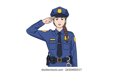 Policial mulher saudando com respeito e profissionalismo durante o serviço