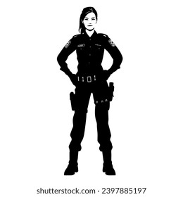 Female police officer silhouette. Police officer woman black icon on white background