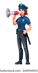 Female police officer speaking through megaphone. Vector cartoon character illustration