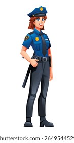 Female police officer standing confidently in her uniform with a hat and badge. Vector cartoon character illustration