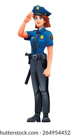 Female police officer standing and saluting, showing respect and professionalism in her duties. Vector cartoon character illustration