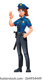 Policial feminino em pé e acenando, mostrando um comportamento amigável e acessível. Ilustração de personagem de desenho animado vetorial