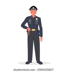 Female police officer standing. Young cute woman in professional policeman uniform and hat of cop smiling, front portrait of happy security staff, lady agent at work cartoon vector illustration