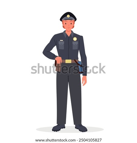 Female police officer standing. Young cute woman in professional policeman uniform and hat of cop smiling, front portrait of happy security staff, lady agent at work cartoon vector illustration