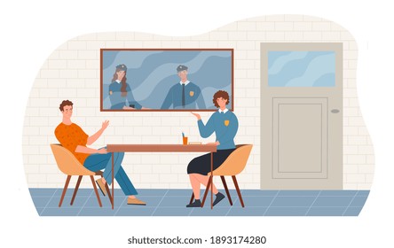 Female police officer is talking to a suspect in interrogation room at police station. Male and female police officers are watching interrogation through the glass. Flat cartoon vector illustration