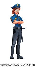 Female police officer in uniform with folded arms standing confidently. Vector cartoon character illustration