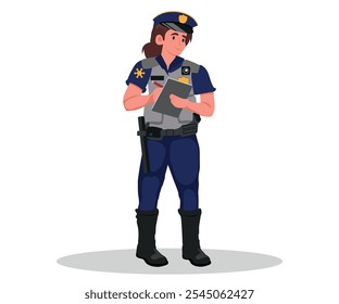 Female Police Officer In Uniform Writing A Report On A Notepad. Female Character Appears Calm And Professional, Representing Law Enforcement And Public Safety. Cartoon People Vector Illustration.