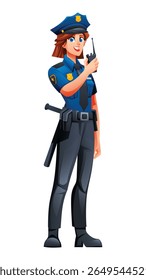 Female police officer using walkie-talkie for communication. Vector cartoon character illustration