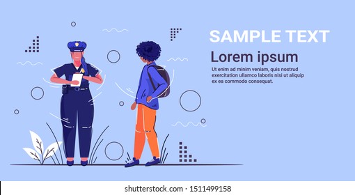 female police officer writing fine for african american man pedestrian security authority justice law service concept flat full length horizontal copy space