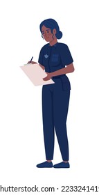 Female police officer writing on clipboard semi flat color vector character. Editable figure. Full body person on white. Simple cartoon style illustration for web graphic design and animation