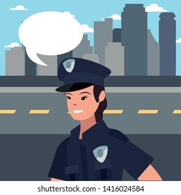 female policeman speech bubble city street