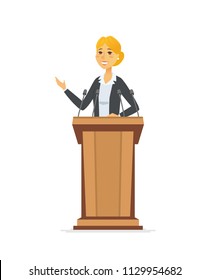 Female Politician - Cartoon People Character Isolated Illustration On White Background. A Composition With A Young Pretty Blonde Woman Standing Behind A Podium, Giving A Speech To The Audience