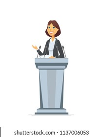 Female politician - cartoon people character isolated illustration on white background. A composition with young pretty woman, public speaker standing behind a podium, giving a speech to the audience