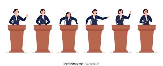 A Female Politician Has A Speech On The Tribune. Different Emotions Of A Political Candidate. Public Speaking Concept. Vector Character In Cartoon Style.