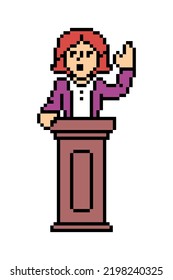 Female politician speaking standing at wooden debate podium, pixel art character isolated on white background. Retro 8 bit slot machine, video game graphics. Agitating election campaign speaker.