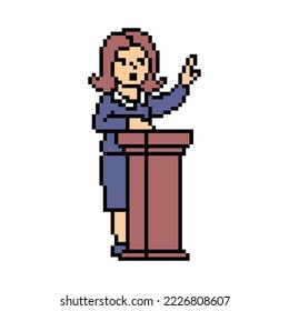 Female politician speaking standing at wooden debate podium, pixel art character isolated on white background. Retro 8 bit slot machine, video game graphics. Agitating election campaign speaker.