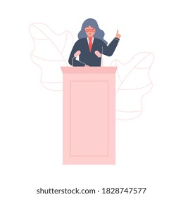 Female Politician Standing Behind Rostrum Giving Speech, Woman Public Speaker Character Giving Talk At Business Conference Vector Illustration