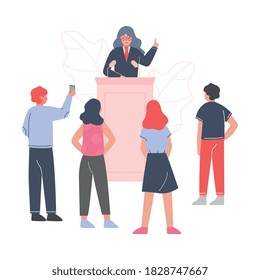 Female Politician Standing Behind Rostrum and Giving Speech, Woman Public Speaker Giving Talk in front of Audience Vector Illustration