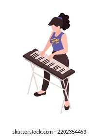 Female Pop Musician Playing Electric Keyboard 3d Isometric Vector Illustration