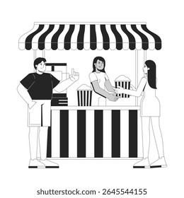 Vendedora de pipoca feminina atendendo clientes em caracteres de linha 2D de toldo listrado. Trabalhador de comida rápida entregando em cinema lanche isolado vetor tinta contorna pessoas. Ilustração de ponto monocromático