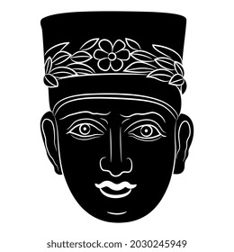 Female portrait from ancient Palmyra. Head of a goddess or woman wearing tiara and floral wreath. Black and white negative silhouette.