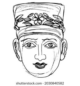 Female portrait from ancient Palmyra. Head of a goddess or woman wearing tiara and floral wreath. Hand drawn linear doodle rough sketch. Black silhouette on white background.