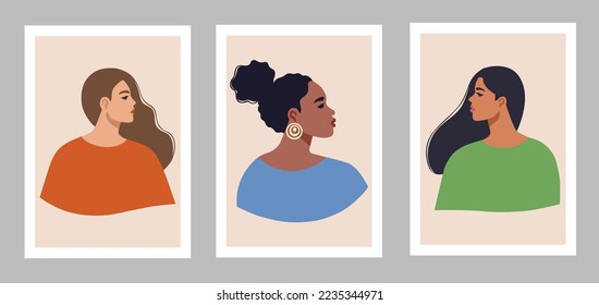 Diseño de fondo de arte de retrato femenino para la decoración de la pared del hogar. movimiento de empoderamiento femenino. multiculturalismo niñas de diferentes nacionalidades, color de piel y cabello.