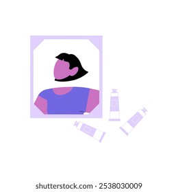 Female Portrait Art In Frame With Paint Tubes In Flat Vector Illustration Symbolizing Artistic Expression, Creativity, And Portraiture, Isolated On White Background.