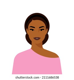 Female portrait of asian in minimal style. Pretty smiling woman, dressed casually, black hair, tan skin. Joyful face by simple clear shapes. Modern flat style illustration for poster, cover, banner.