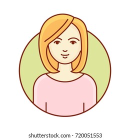 Female portrait. Avatar woman in a circle on a white background. Linear Art. Vector illustration
