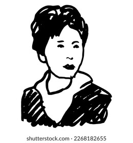 Female portrait. Beautiful middle age woman in retro style. Hand drawn linear doodle rough sketch. Black silhouette on white background.