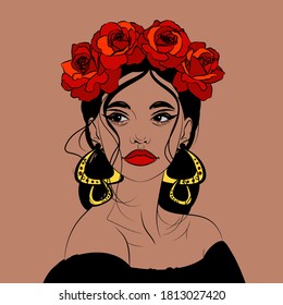 Female portrait. Beautiful woman with flower wreath on her head. Vector illustration. 