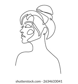 Female Portrait Beauty One Line Drawing. Minimalistic Sketch Linear Design of Simple Woman Head for Logo, Beauty Design, Prints, Social Media, Web. Vector Illustration. Not AI
