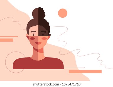 Female portrait with different colors of skin showing unity. Multinational society, multinational alliance, international woman's day, girl power, community, equality concept. Flat vector illustration