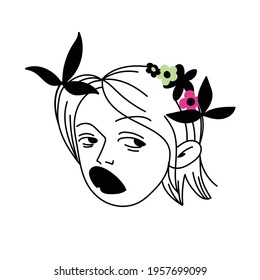 Female portrait doodle style. Vector floral feminist clipart. Hand-drawn outline illustration for, banners and T-shirt designs. Woman Power issues. All elements are isolated. Tattoo template.