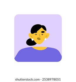 Retrato Feminino Com Brincos E Cabelos Pretos, Ilustração De Vetor Plano Simbolizando Avatares Digitais E Perfis Profissionais, Isolados Em Fundo Branco