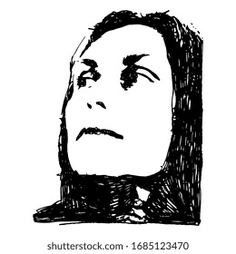 Female portrait. Face of a beautiful white woman with long dark hair. Hand drawn rough sketch. Black and white silhouette.