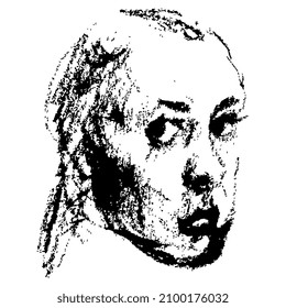 Female portrait. Face of a young woman. Hand drawn rough sketch. Black silhouette on white background. Isolated vector illustration.
