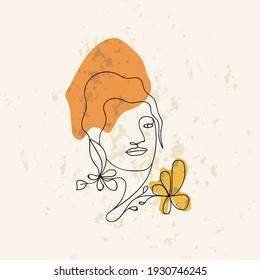 Female portrait with floral element, continuous one line face drawing in minimal style