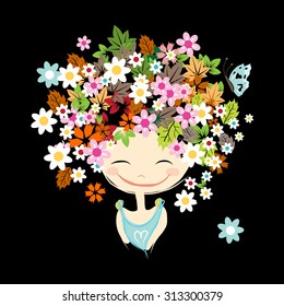 Female portrait with floral hairstyle for your design. Vector illustration